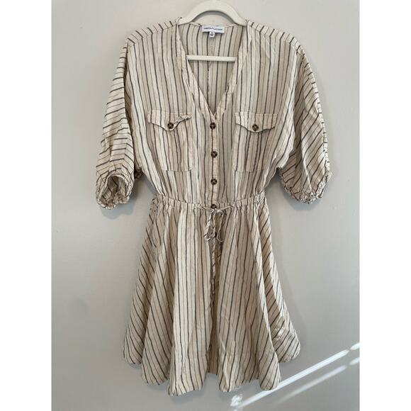 Gibson * Latimer Size S Linen Blend Dress Button Front Drawstring Waist Stripes - Picture 1 of 6